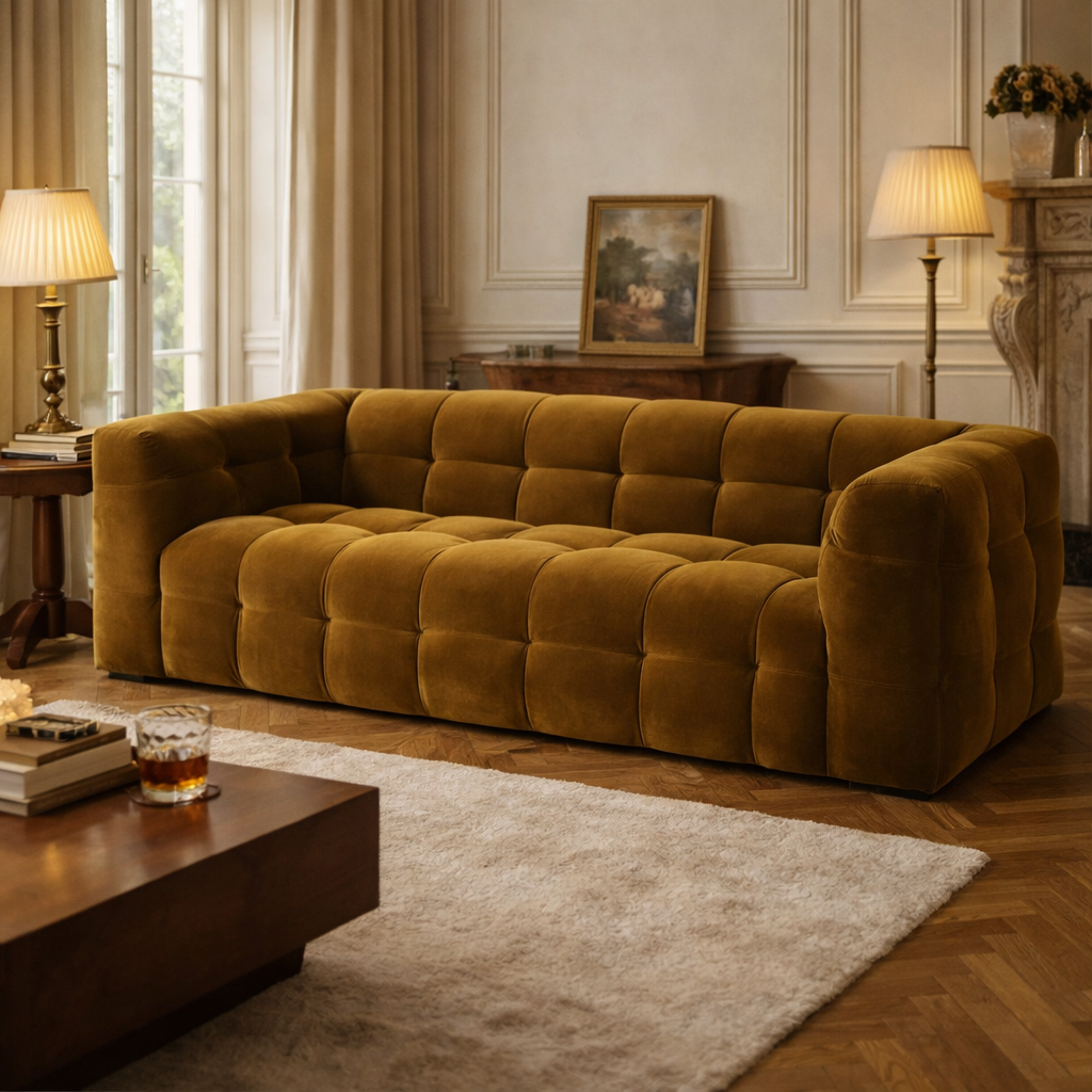 Klassieke 3-zitsbank Golden Curry – Velvet bank in retro modern chic stijl